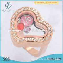 Neue Modell Roségold Schmuck Kristall Herz Glas schwimmenden Charme locket Finger Ringe